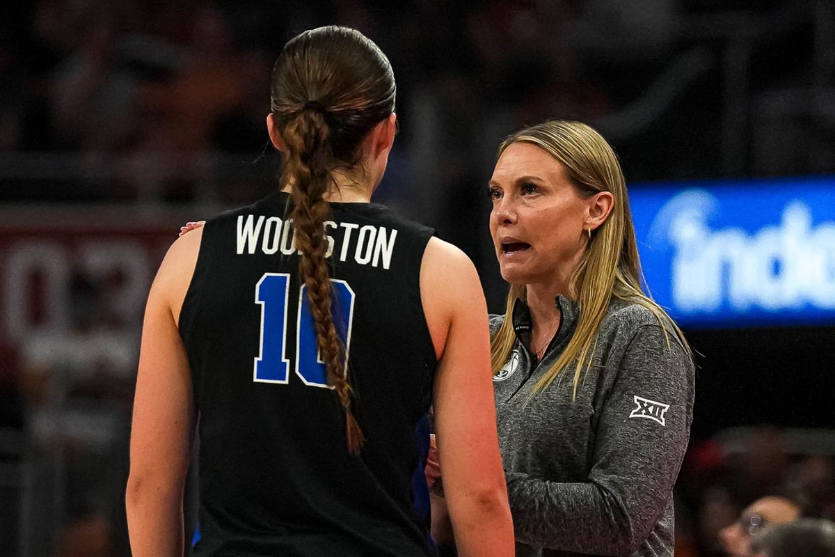 BYU head coach Amber Whiting talks to guard Kailey Woolston (10) during the basketball game against the Texas Longhorns at the Moody Center on Saturday, Mar. 2, 2024 in Austin.