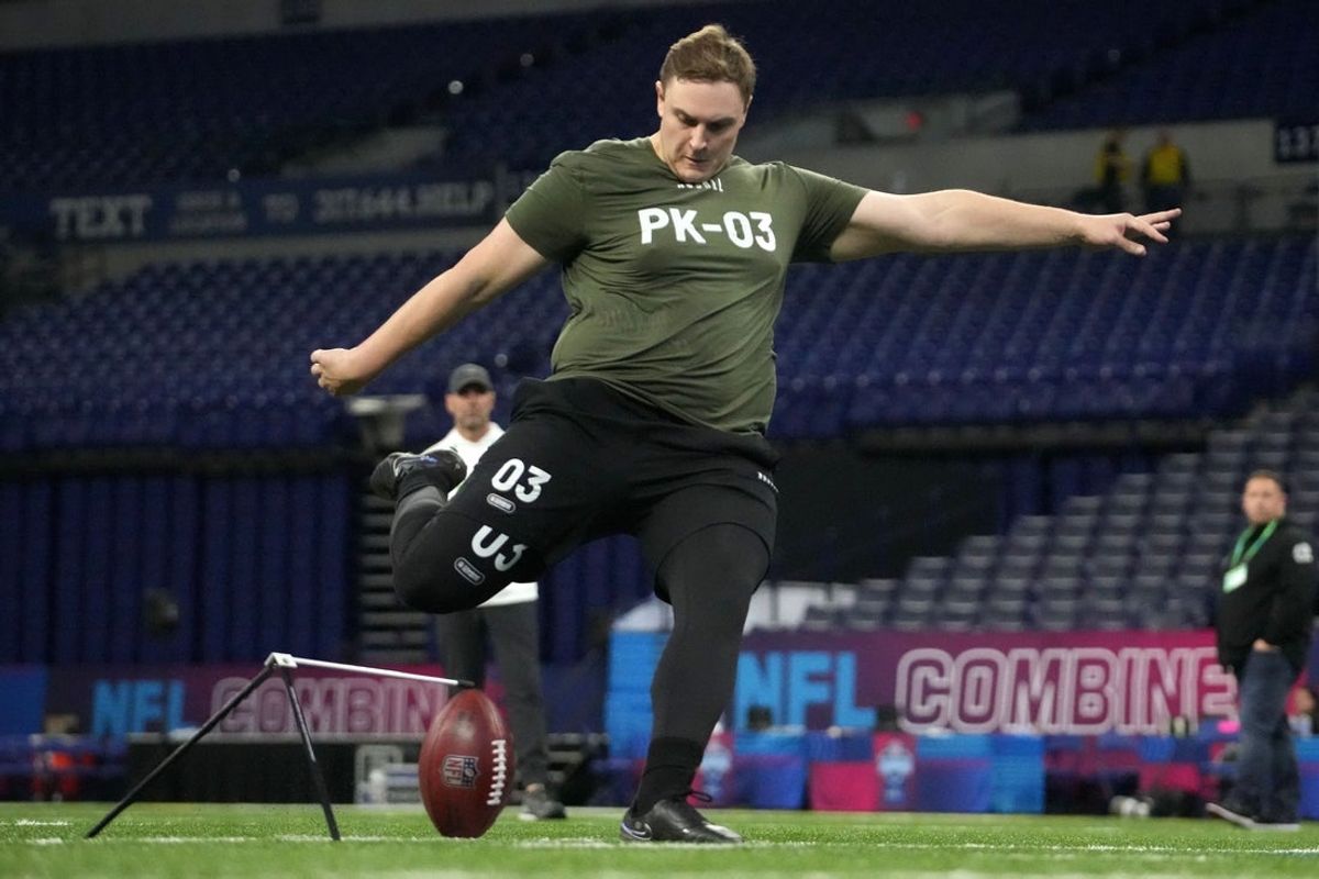 Mar 3, 2024; Indianapolis, IN, USA; Missouri place kicker Harrison Mevis (PK03) during the 2024 NFL Combine at Lucas Oil Stadium. Mandatory Credit: Kirby Lee-Imagn Images