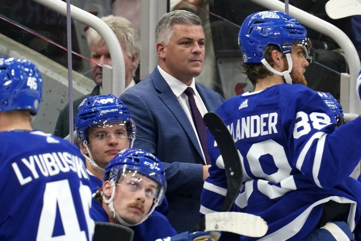 Mar 4, 2024; Toronto, Ontario, CAN; Toronto Maple Leafs head coach Sheldon Keefe looks on during a break in the action against the Boston Bruins during the second period at Scotiabank Arena. Mandatory Credit: John E. Sokolowski-USA TODAY Sports