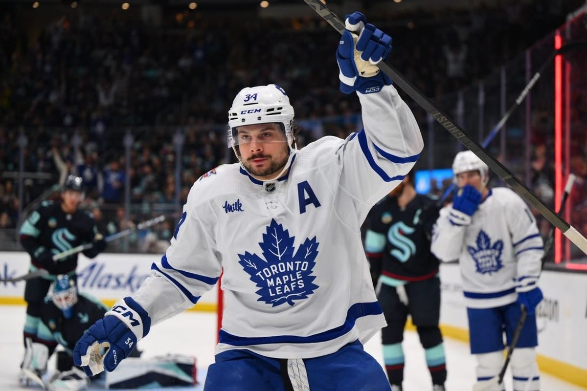 Jan 21, 2024; Seattle, Washington, USA; Toronto Maple Leafs center Auston Matthews (34) celebrates after scoring a goal against the Seattle Kraken during the first period at Climate Pledge Arena.