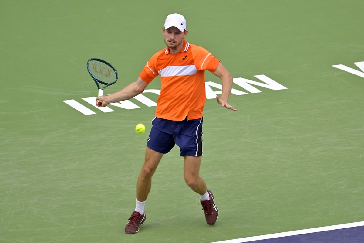 Mar 6, 2024; Indian Wells, CA, USA;  David Goffin (BEL) hits a shot in his first round match against Andy Murray (GBR) during the BNP Paribas Open at the Indian Wells Tennis Garden. Mandatory Credit: Jayne Kamin-Oncea-USA TODAY Sports