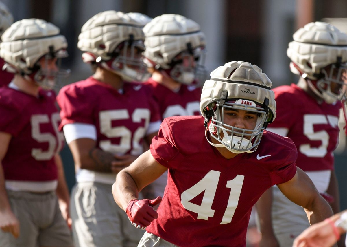 Mar 6, 2024; Tuscaloosa, Alabama, USA; Linebacker Justin Okoronkwo does a drill during practice for the Alabama Crimson Tide football team Wednesday.
