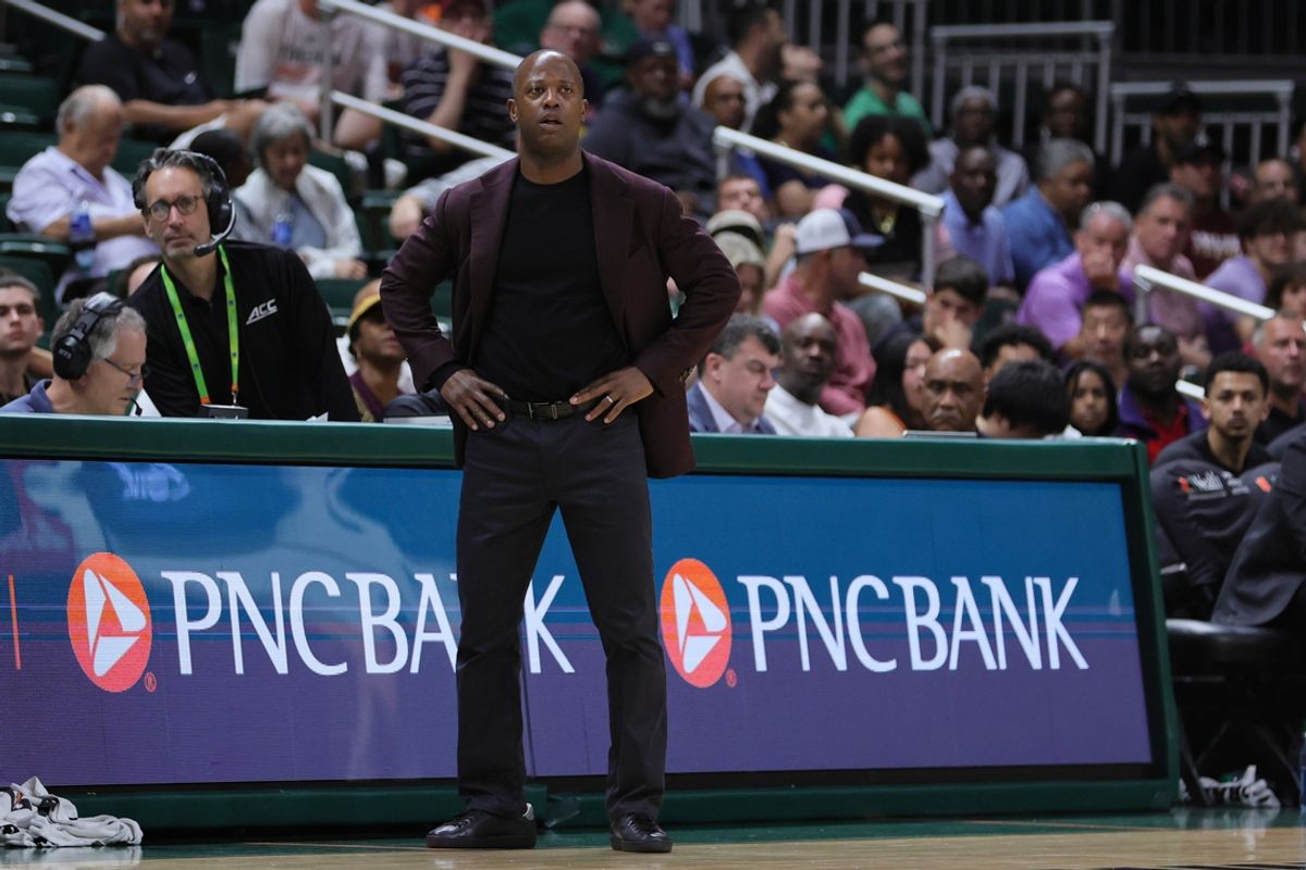 Mar 6, 2024; Coral Gables, Florida, USA; Boston College Eagles head coach Earl Grant watches from the sideline against the Miami Hurricanes during the first half at Watsco Center. Mandatory Credit: Sam Navarro-Imagn Images