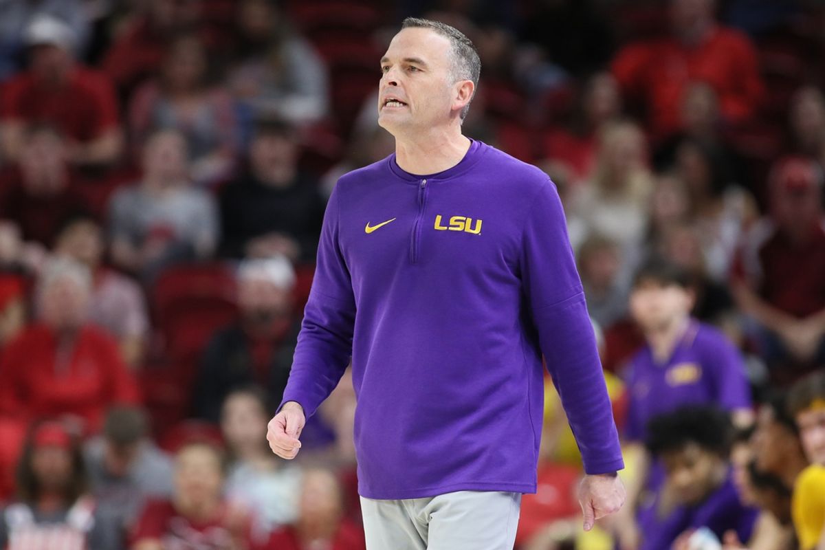 Mar 6, 2024; Fayetteville, Arkansas, USA; LSU Tigers head coach Matt McMahon during the first half against the Arkansas Razorbacks at Bud Walton Arena. Mandatory Credit: Nelson Chenault-Imagn Images
