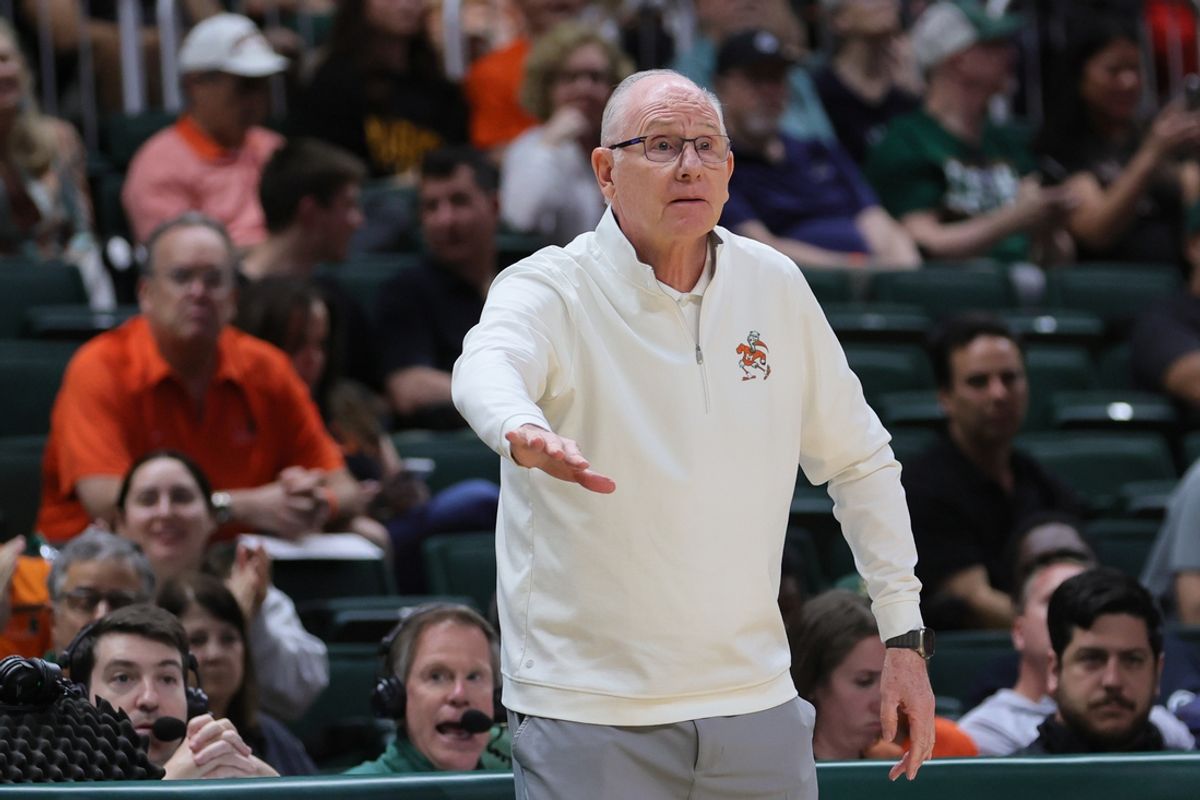 Mar 6, 2024; Coral Gables, Florida, USA; Miami Hurricanes head coach Jim Larranaga reacts against the Boston College Eagles during the second half at Watsco Center. Mandatory Credit: Sam Navarro-Imagn Images