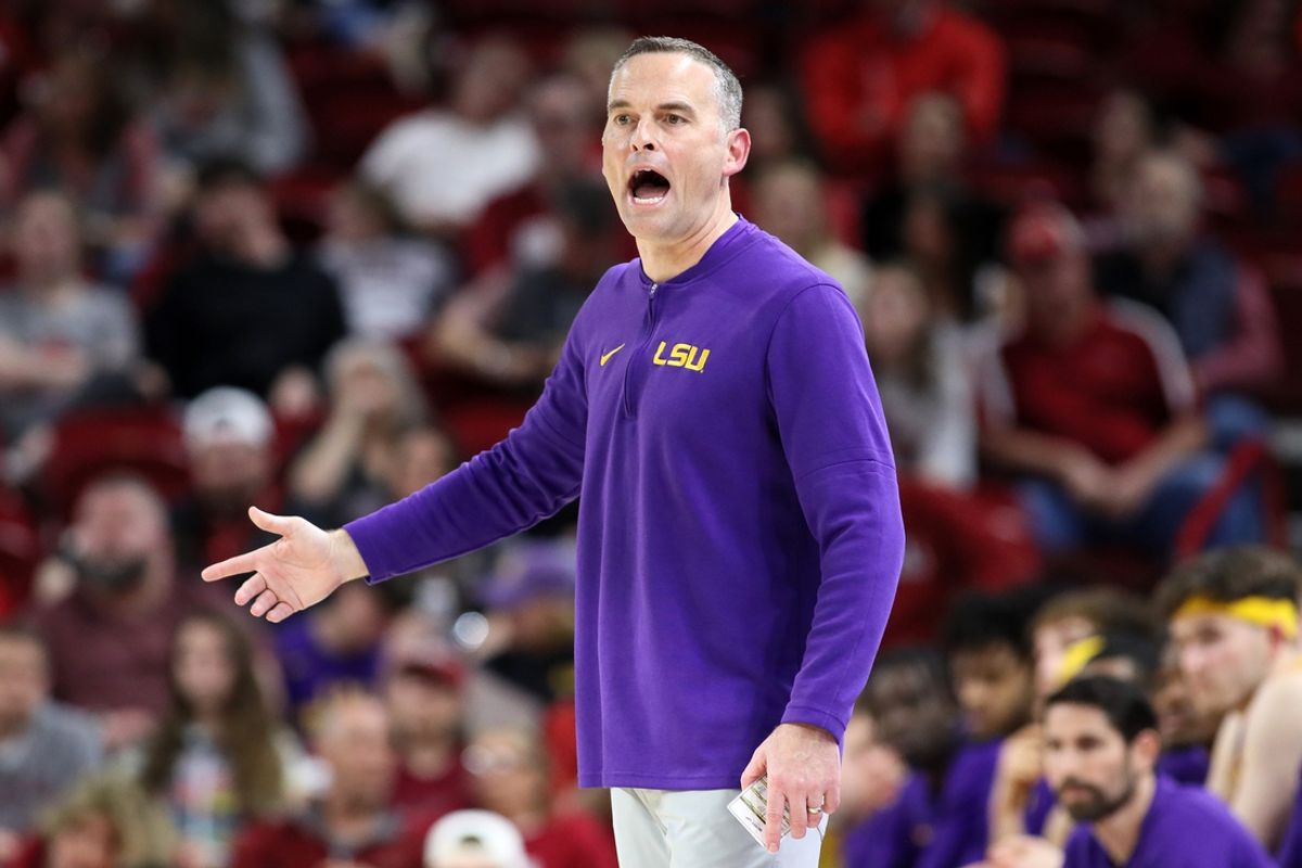 Mar 6, 2024; Fayetteville, Arkansas, USA; LSU Tigers head coach Matt McMahon during the second half against the Arkansas Razorbacks at Bud Walton Arena. Arkansas won 94-83. Mandatory Credit: Nelson Chenault-Imagn Images