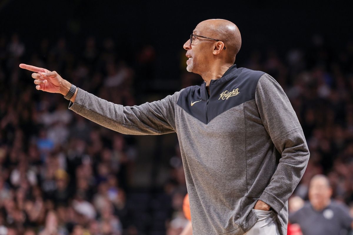 Mar 6, 2024; Orlando, Florida, USA; UCF Knights head coach Johnny Dawkins shouts to the court during the first half against the Houston Cougars at Addition Financial Arena. Mandatory Credit: Mike Watters-Imagn Images