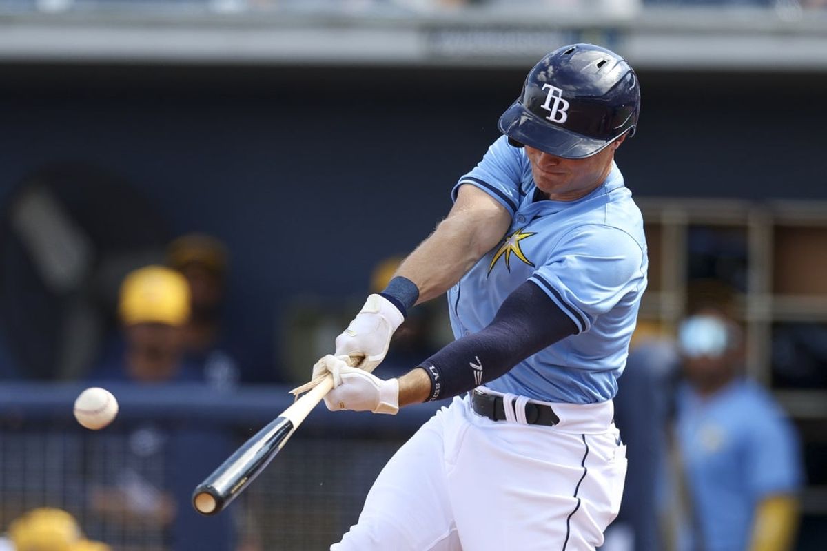 Mar 7, 2024; Port Charlotte, Florida, USA;  Tampa Bay Rays outfielder Jake Magnum (72) breaks his bat on a single against the Philadelphia Phillies in the sixth inning at Charlotte Sports Park. Mandatory Credit: Nathan Ray Seebeck-Imagn Images