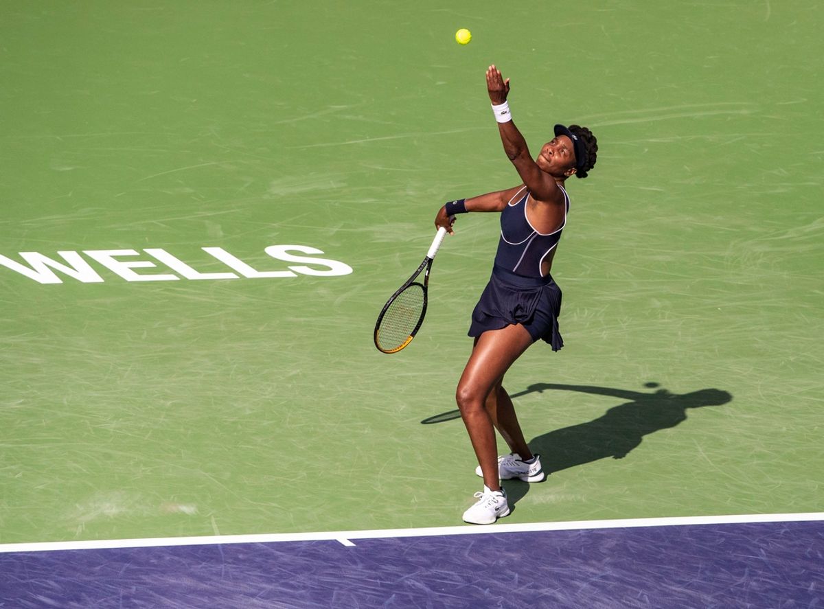 Venus Williams prepares a serve against Nao Hibino during round one of the BNP Paribas Open in Indian Wells, Calif., Thursday, March 7, 2024.