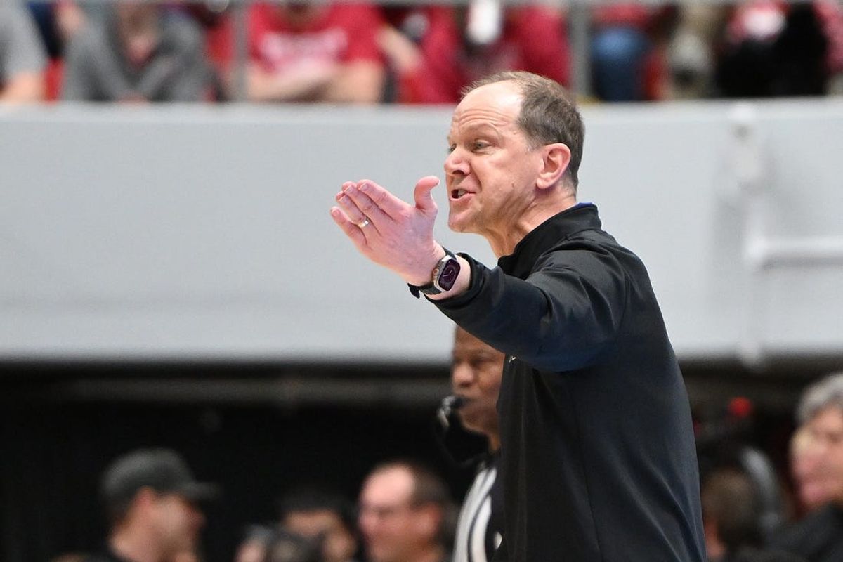 Mar 7, 2024; Pullman, Washington, USA; Washington Huskies head coach Mike Hopkins looks on against the Washington State Cougars in the first half at Friel Court at Beasley Coliseum. Mandatory Credit: James Snook-USA TODAY Sports
