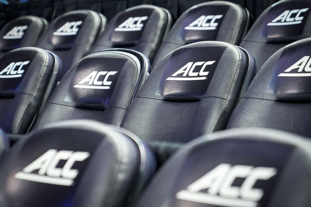 Mar 8, 2024; Greensboro, NC, USA; General view of the ACC logo before the game between Notre Dame vs Louisville at Greensboro Coliseum. Mandatory Credit: David Yeazell-Imagn Images