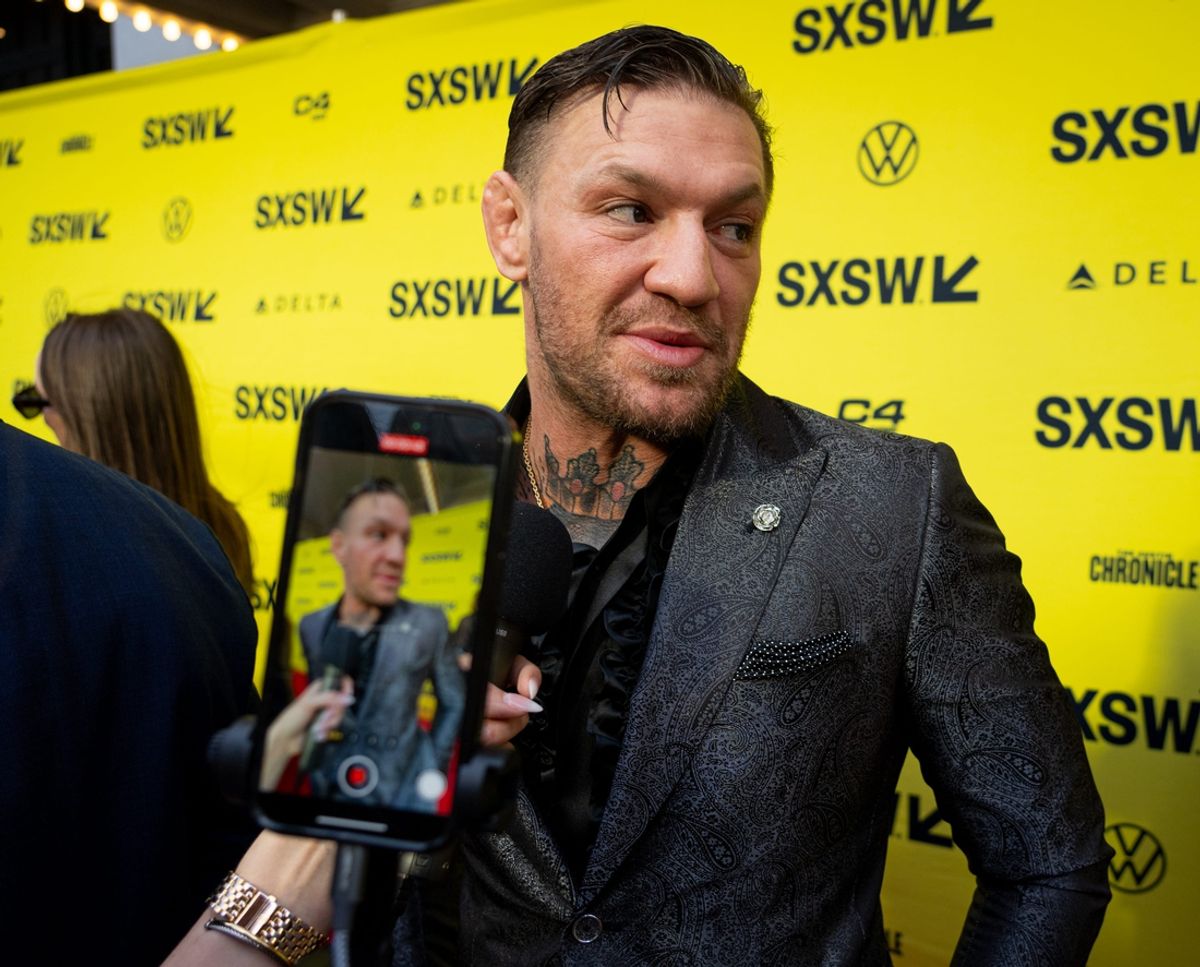 Conor McGregor speaks to press on the red carpet before the premiere of Road House at the Paramount Theatre in Austin, Texas on the first day of South by Southwest, Friday, March 8, 2024. McGregor plays the character \"Knox\" in the movie.