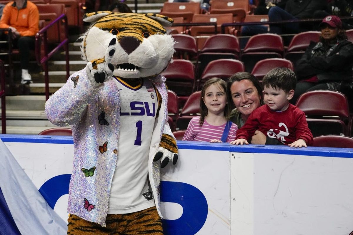 Mar 8, 2024; Greensville, SC, USA; LSU Lady Tigers mascot Mike poses with fans during the second half between the LSU Lady Tigers and the Auburn Tigers at Bon Secours Wellness Arena. Mandatory Credit: Jim Dedmon-USA TODAY Sports