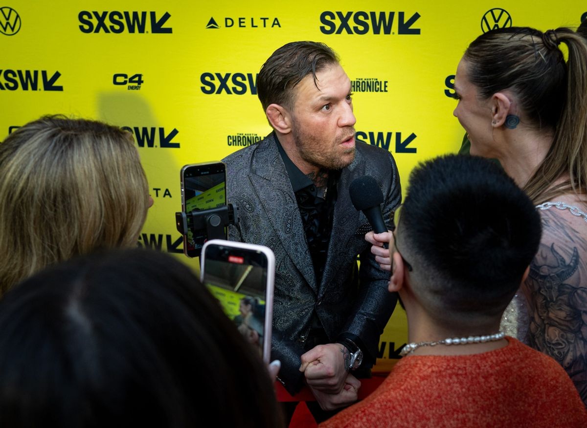 Conor McGregor speaks to press on the red carpet before the premiere of Road House at the Paramount Theatre in Austin, Texas on the first day of South by Southwest, Friday, March 8, 2024. McGregor plays the character \"Knox\" in the movie.