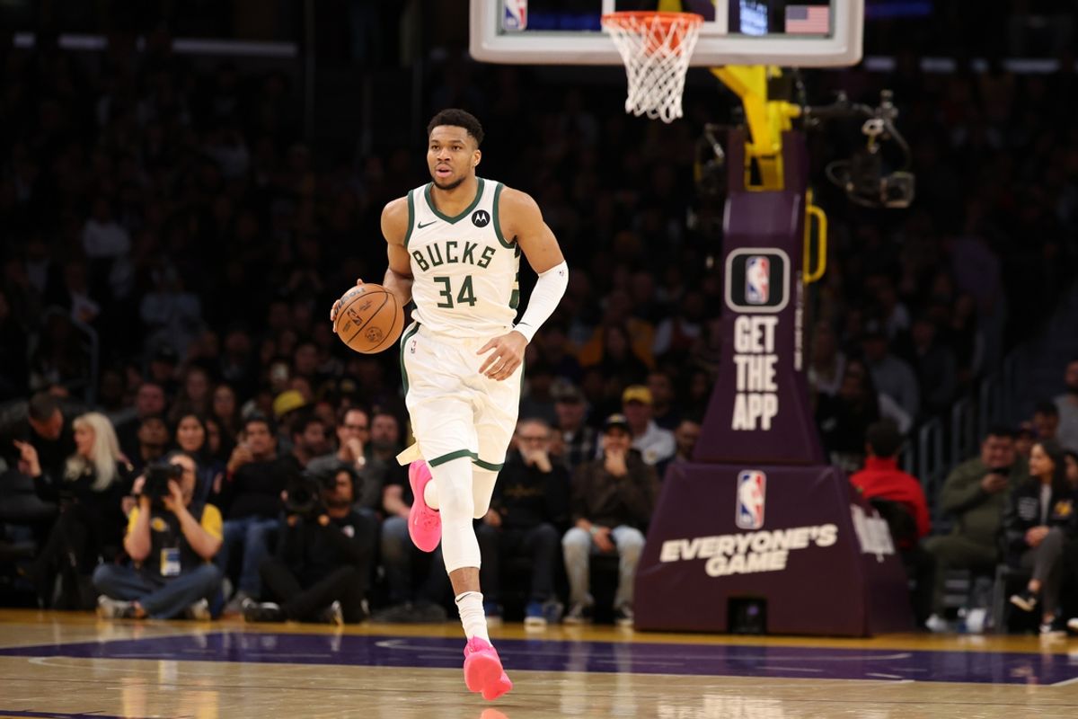 Mar 8, 2024; Los Angeles, California, USA;  Milwaukee Bucks forward Giannis Antetokounmpo (34) dribbles the ball during the first quarter against the Los Angeles Lakers at Crypto.com Arena. Mandatory Credit: Kiyoshi Mio-Imagn Images