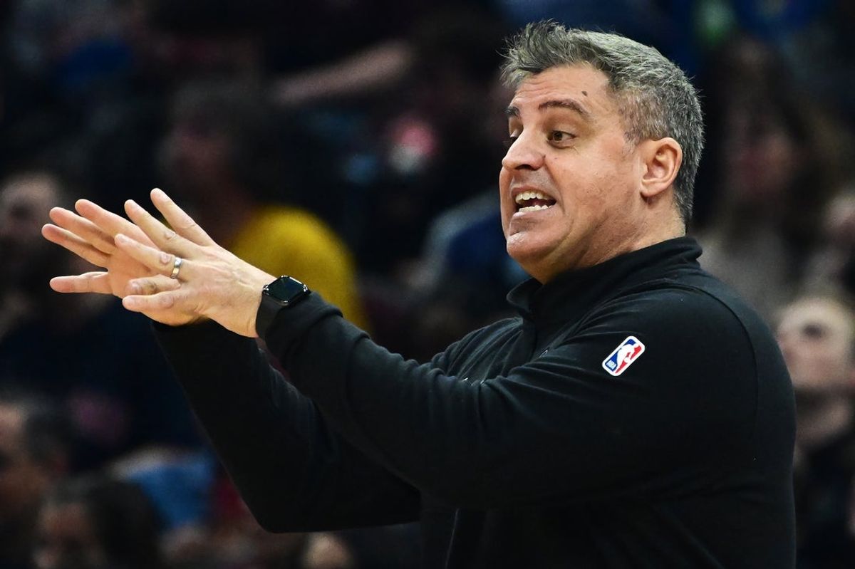 Mar 8, 2024; Cleveland, Ohio, USA;  Minnesota Timberwolves assistant coach Micah Nori reacts during the first half against the Cleveland Cavaliers at Rocket Mortgage FieldHouse. Mandatory Credit: Ken Blaze-Imagn Images