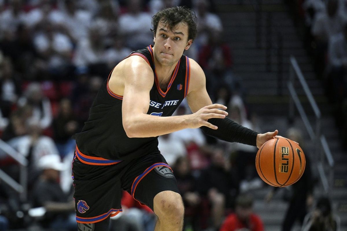 Mar 8, 2024; San Diego, California, USA; Boise State Broncos forward Tyson Degenhart (2) dribbles the ball during the second half against the San Diego State Aztecs at Viejas Arena. Mandatory Credit: Orlando Ramirez-Imagn Images