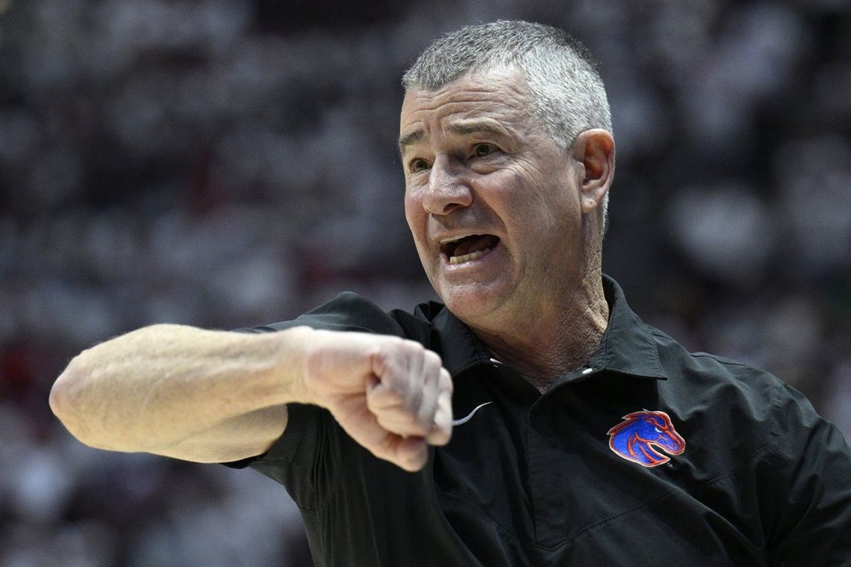 Mar 8, 2024; San Diego, California, USA; Boise State Broncos head coach Leon Rice gestures during the first half against the San Diego State Aztecs at Viejas Arena. Mandatory Credit: Orlando Ramirez-Imagn Images
