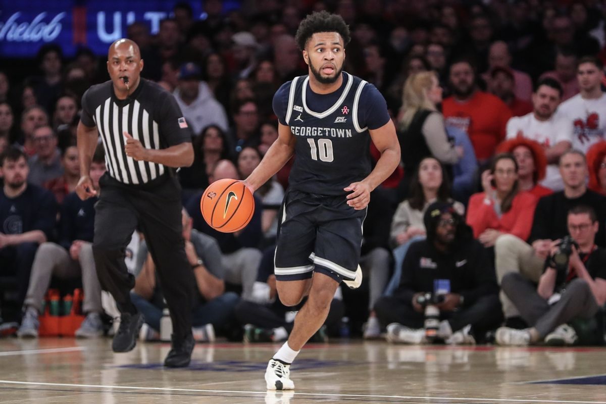 Mar 9, 2024; New York, New York, USA; Georgetown Hoyas guard Jayden Epps (10) brings the ball up court in the first half against the Georgetown Hoyas at Madison Square Garden. Mandatory Credit: Wendell Cruz-Imagn Images