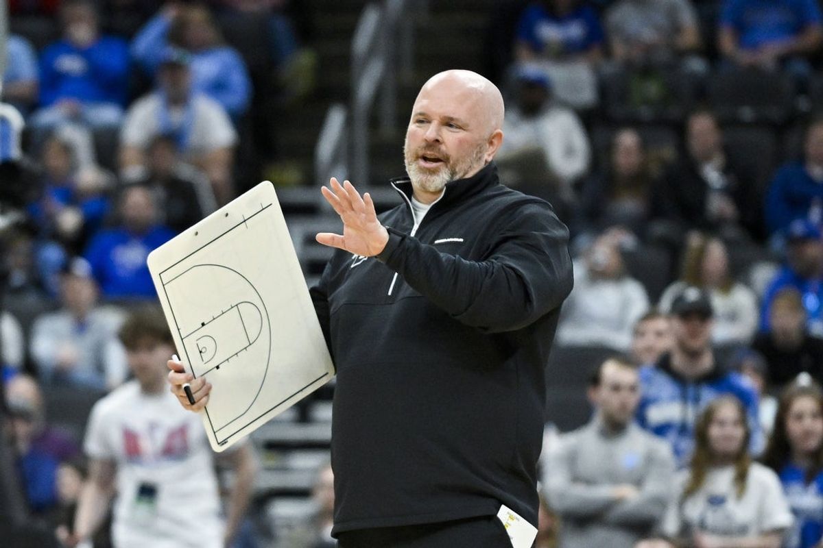 Mar 9, 2024; St. Louis, MO, USA;  Indiana State Sycamores head coach Josh Schertz looks on during a game against the Northern Iowa Panthers during the second half of the Missouri Valley Conference Tournament semifinal game at Enterprise Center. Mandatory Credit: Jeff Curry-Imagn Images