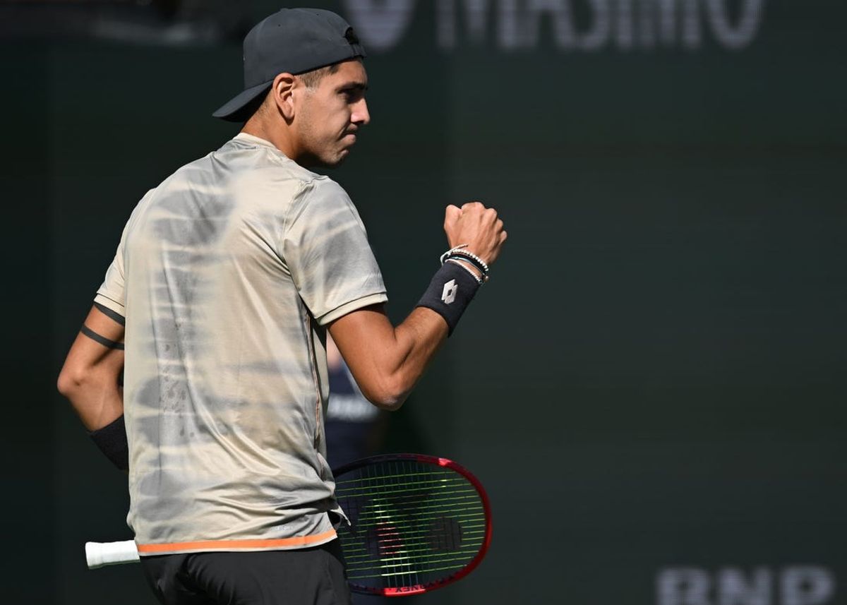 Mar 9, 2024; Indian Wells, CA, USA; Alejandro Tabilo (CHI) reacts after winning a point during a second round match against Taylor Fritz (USA) during the BNP Paribas Open at Indian Wells Tennis Garden. Mandatory Credit: Jonathan Hui-USA TODAY Sports