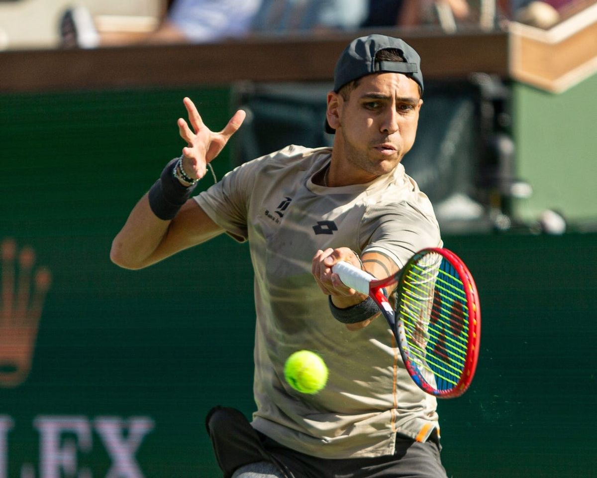 Alejandro Tabilo (CHI) executes a shot during his match against Taylor Fritz (USA) at the BNP Paribas Open in Indian Wells Tennis Garden, California, on March 9, 2024.