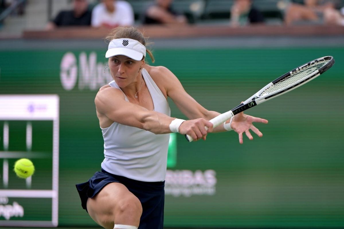 Mar 9, 2024; Indian Wells, CA, USA;  Liudmila Samsonova hits a shot in her second round match against  Naomi Osaka (JPN) in the BPN Paribas Open at the Indian Wells Tennis Garden. Mandatory Credit: Jayne Kamin-Oncea-USA TODAY Sports