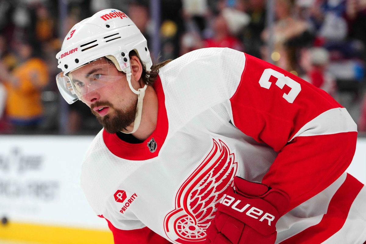 Mar 9, 2024; Las Vegas, Nevada, USA; Detroit Red Wings defenseman Justin Holl (3) warms up before a game against the Vegas Golden Knights at T-Mobile Arena. Mandatory Credit: Stephen R. Sylvanie-Imagn Images