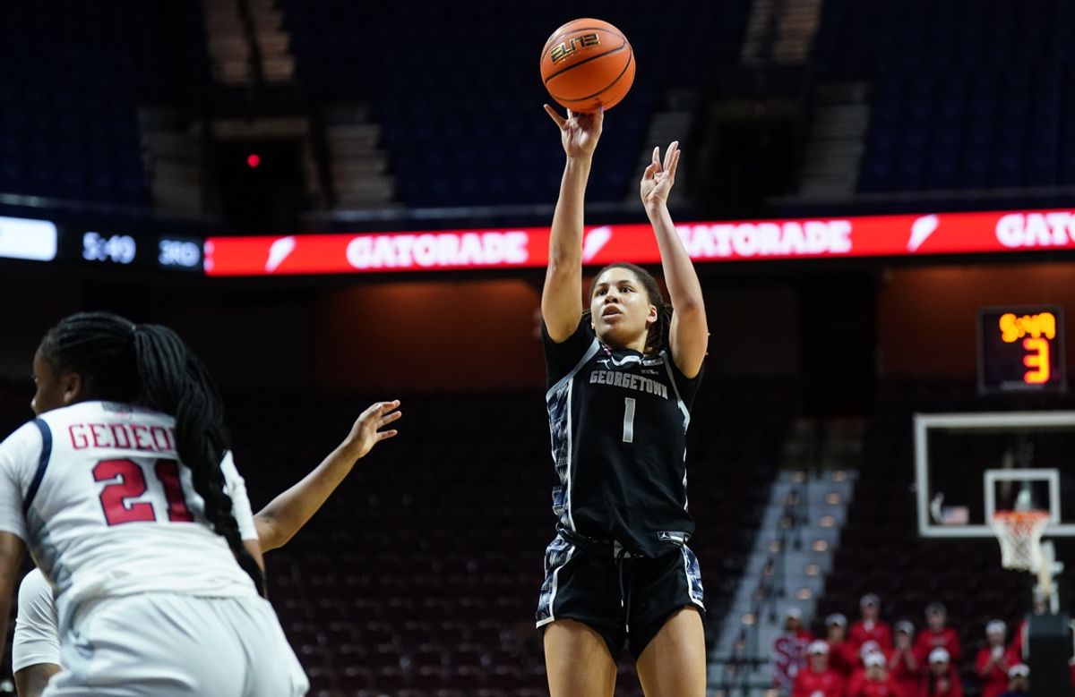 Mar 9, 2024; Uncasville, CT, USA; Georgetown Hoyas guard Kelsey Ransom (1) shoots the ball against the St. John's Red Storm in the second half at Mohegan Sun Arena. Mandatory Credit: David Butler II-Imagn Images