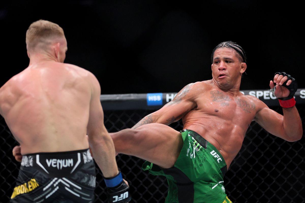 Mar 9, 2024; Miami, Florida, USA; Jack Della Maddalena (blue gloves) fights Gilbert Burns (red gloves) during UFC 299 at Kayesa Center. Mandatory Credit: Sam Navarro-Imagn Images