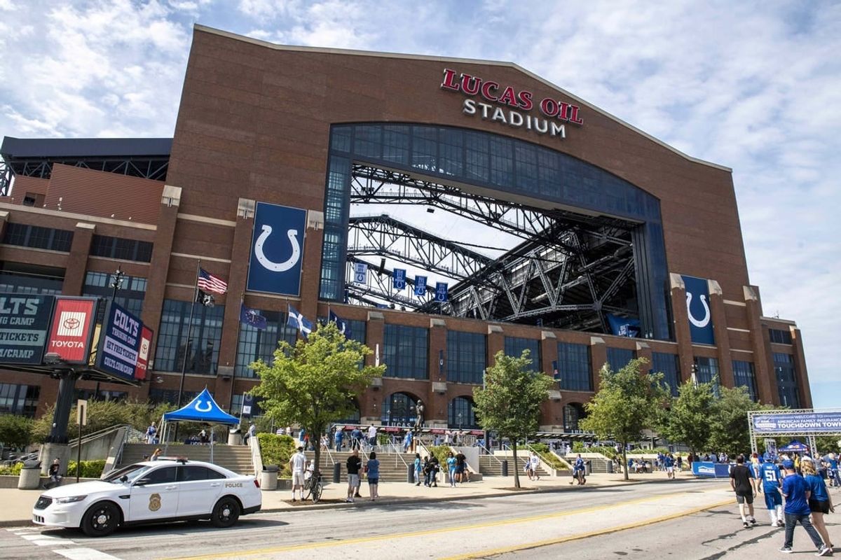 Aug 15, 2021; Indianapolis, Indiana, USA; A general view of the exterior of Lucas Oil Stadium before the game between the Carolina Panthers and Indianapolis Colts.