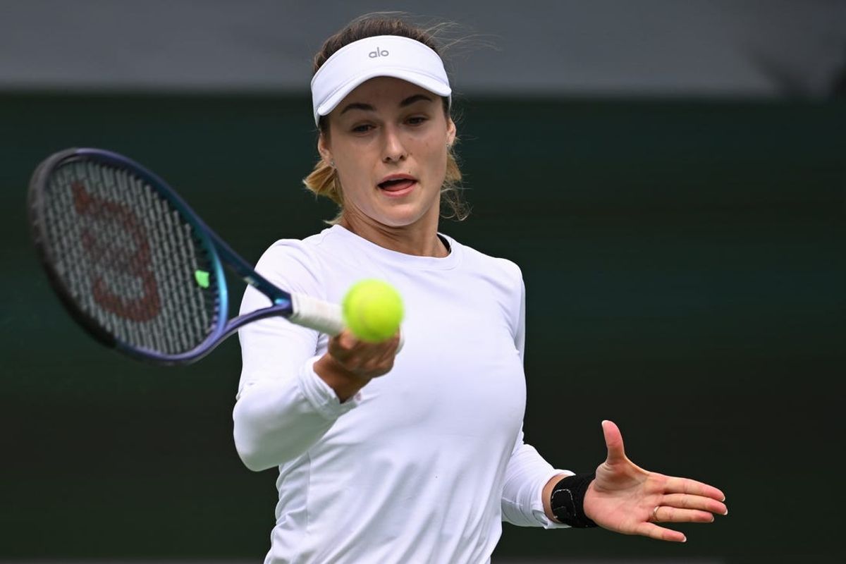 Mar 10, 2024; Indian Wells, CA, USA; Anna Kalinskaya hits a shot in her third round match against Jasmine Paolini (ITA) during the BNP Paribas Open at Indian Wells Tennis Garden. Mandatory Credit: Jonathan Hui-USA TODAY Sports