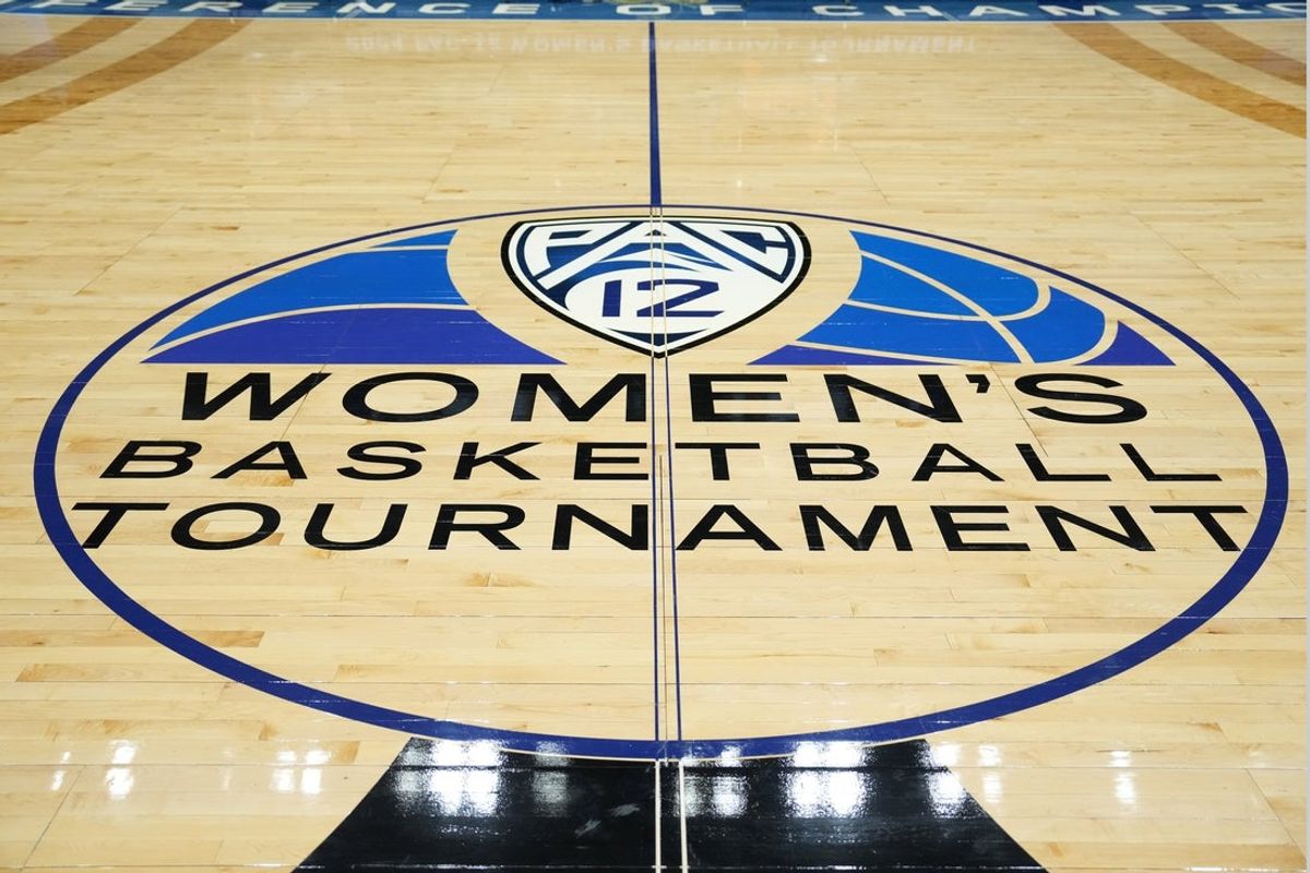 Mar 10, 2024; Las Vegas, NV, USA; The Pac-12 Conference logo at the Pac-12 Tournament women's championship game between the Southern California Trojans and the Stanford Cardinal at MGM Grand Garden Arena. Mandatory Credit: Kirby Lee-Imagn Images