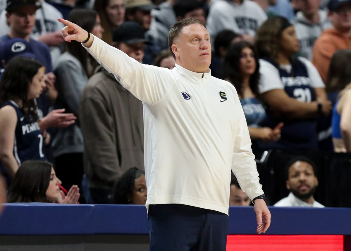 Mar 10, 2024; University Park, Pennsylvania, USA; Penn State Nittany Lions head coach Mike Rhoades gestures from the bench during the first half against the Maryland Terrapins at Bryce Jordan Center. Penn State defeated Maryland 85-69. Mandatory Credit: Matthew O'Haren-Imagn Images