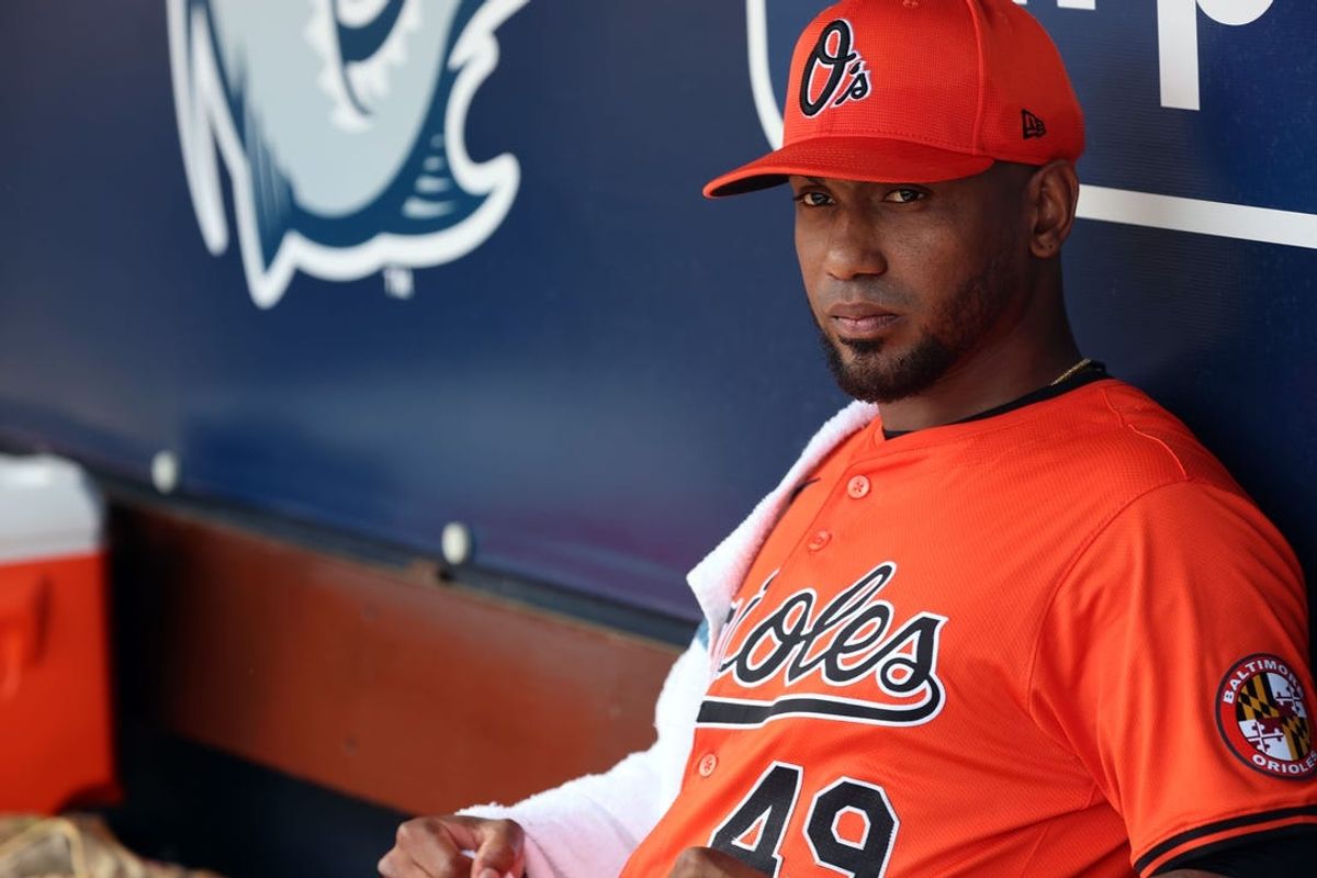 Mar 11, 2024; Tampa, Florida, USA; Baltimore Orioles pitcher Julio Teheran (49) looks on during the first inning against the New York Yankees at George M. Steinbrenner Field. Mandatory Credit: Kim Klement Neitzel-USA TODAY Sports