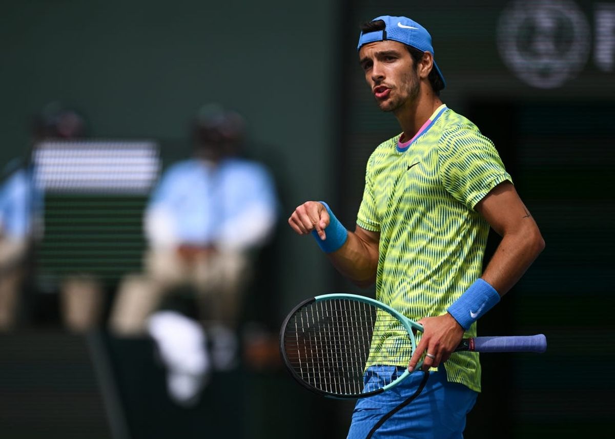 Mar 11, 2024; Indian Wells, CA, USA; Lorenzo Musetti (ITA) reacts after losing a point in his third round match against Holger Rune (DEN) during the BNP Paribas Open at Indian Wells Tennis Garden. Mandatory Credit: Jonathan Hui-USA TODAY Sports