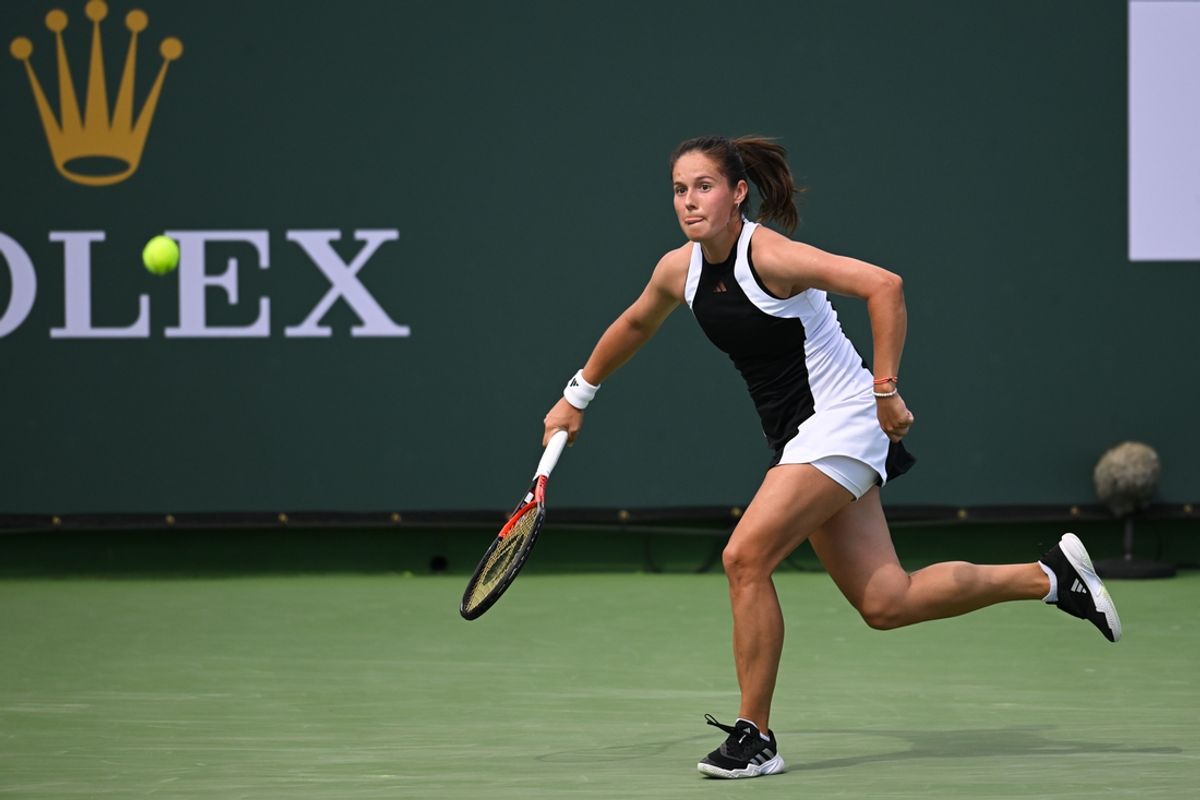 Mar 11, 2024; Indian Wells, CA, USA; Daria Kasatkina hits a shot in her third round match against Sloane Stephens (USA) during the BNP Paribas Open at Indian Wells Tennis Garden. Mandatory Credit: Jonathan Hui-Imagn Images