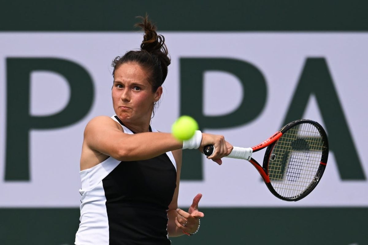 Mar 11, 2024; Indian Wells, CA, USA; Daria Kasatkina hits a shot in her third round match against Sloane Stephens (USA) during the BNP Paribas Open at Indian Wells Tennis Garden. Mandatory Credit: Jonathan Hui-USA TODAY Sports