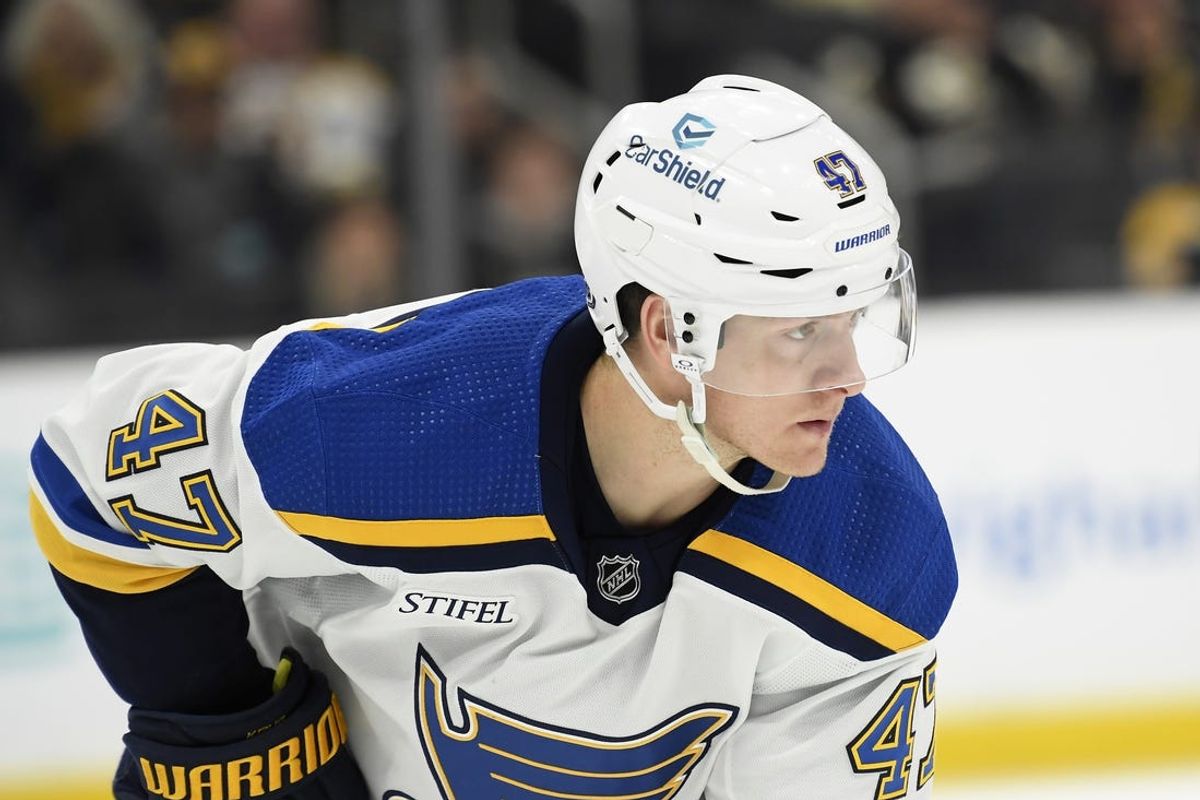 Mar 11, 2024; Boston, Massachusetts, USA;  St. Louis Blues defenseman Torey Krug (47) gets set for a face-off during the third period against the Boston Bruins at TD Garden. Mandatory Credit: Bob DeChiara-USA TODAY Sports
