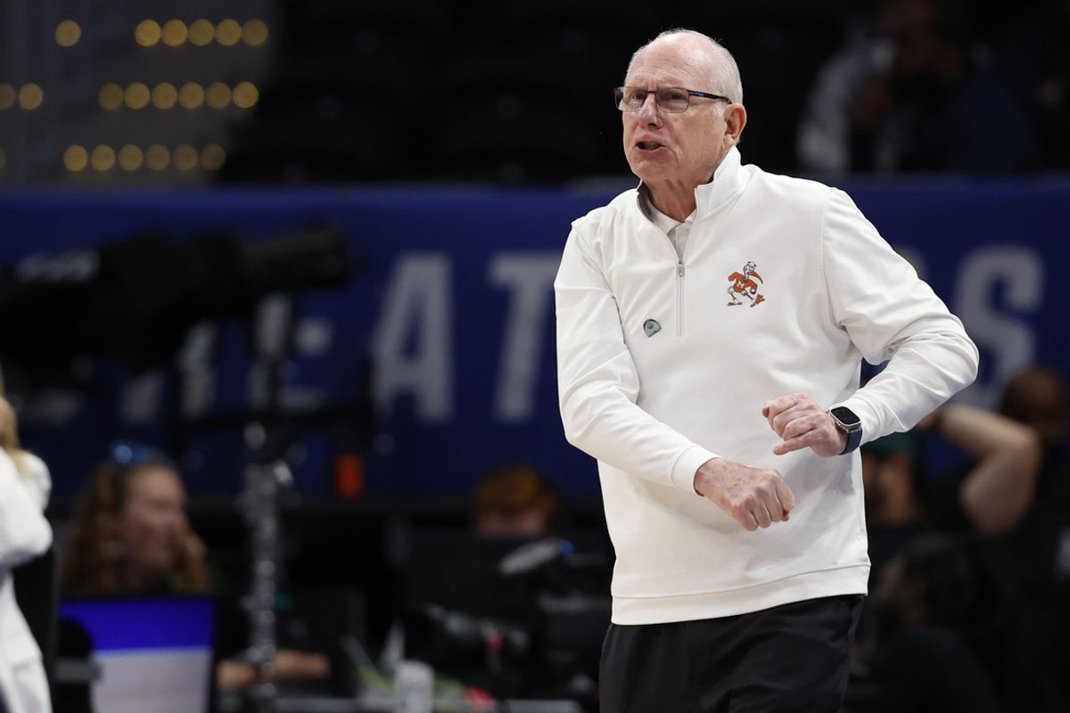 Mar 12, 2024; Washington, D.C., USA; Miami (Fl) Hurricanes head coach Jim Larranaga reacts after a foul call in their game against the Boston College Eagles in the first half at Capital One Arena. Mandatory Credit: Geoff Burke-Imagn Images