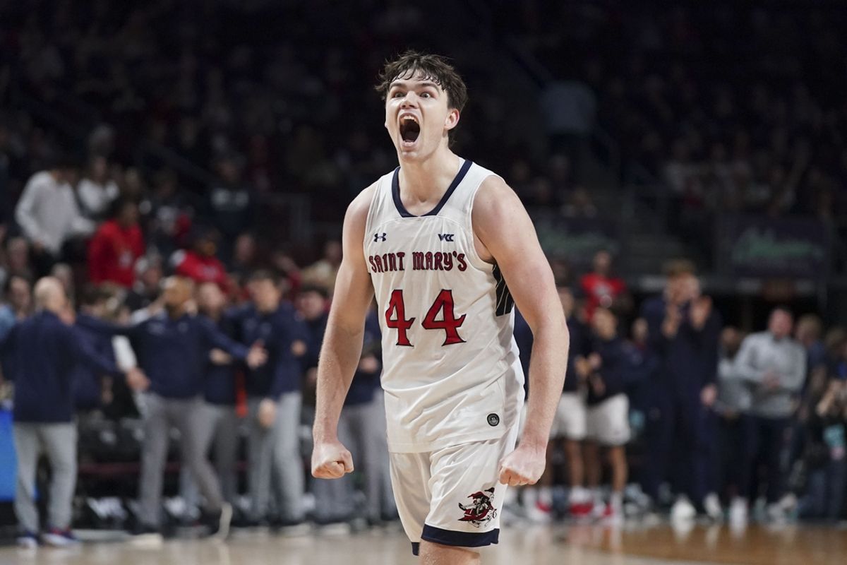 March 12, 2024; Las Vegas, NV, USA; Saint Mary's Gaels guard Alex Ducas (44) celebrates against the Gonzaga Bulldogs during the second half in the finals of the WCC Basketball Championship at Orleans Arena. Mandatory Credit: Kyle Terada-Imagn Images