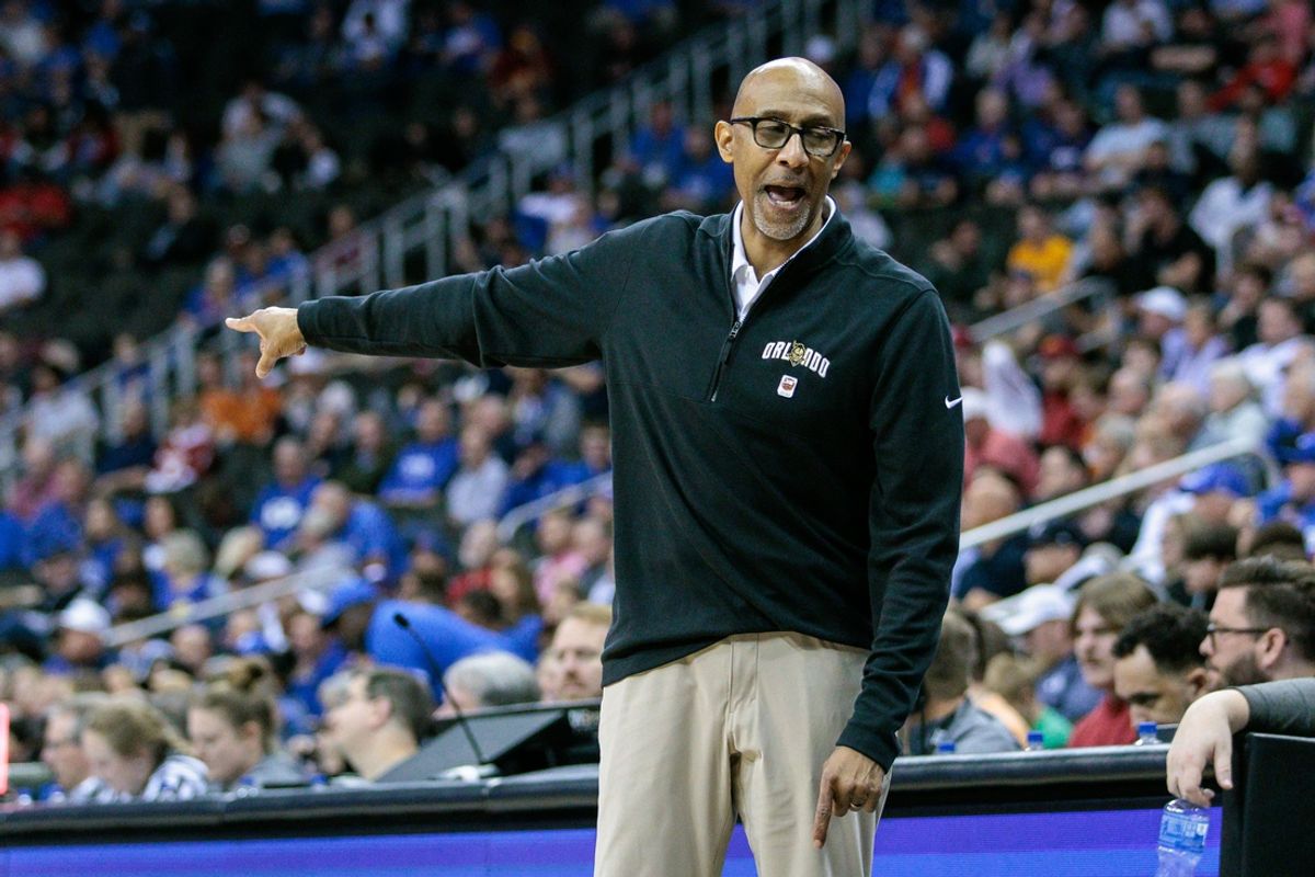 Mar 13, 2024; Kansas City, MO, USA; UCF Knights coach Johnny Dawkins on the sidelines during the second half against the Brigham Young Cougars at T-Mobile Center. Mandatory Credit: William Purnell-Imagn Images