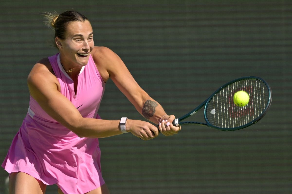 Mar 13, 2024; Indian Wells, CA, USA; Aryna Sabalenka (RUS) hits a shot as she was defeated in the fourth round by Emma Navarro (USA) in the BNP Paribas Open at the Indian Wells Tennis Garden. Mandatory Credit: Jayne Kamin-Oncea-Imagn Images