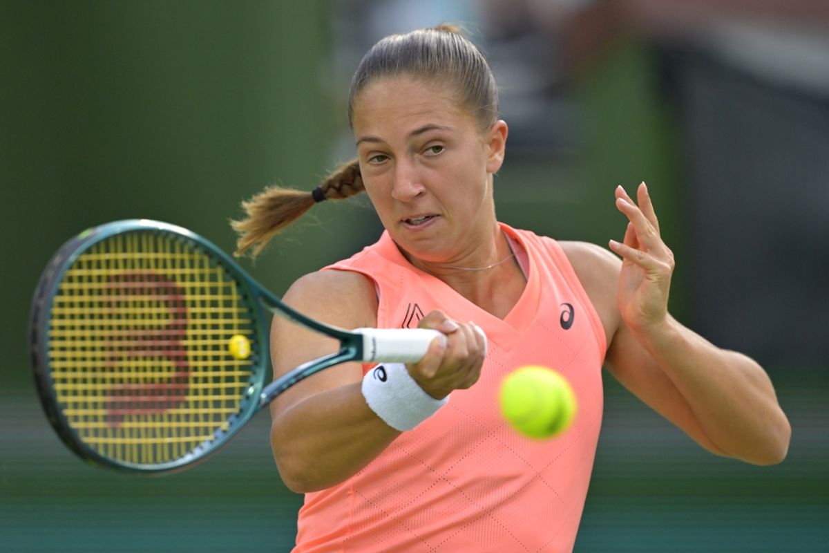 Mar 13, 2024; Indian Wells, CA, USA;  Diane Parry (FRA) hits a shot in her fourth round match against Maria Sakkari (GRE) in the BNP Paribas Open at the Indian Wells Tennis Garden. Mandatory Credit: Jayne Kamin-Oncea-USA TODAY Sports