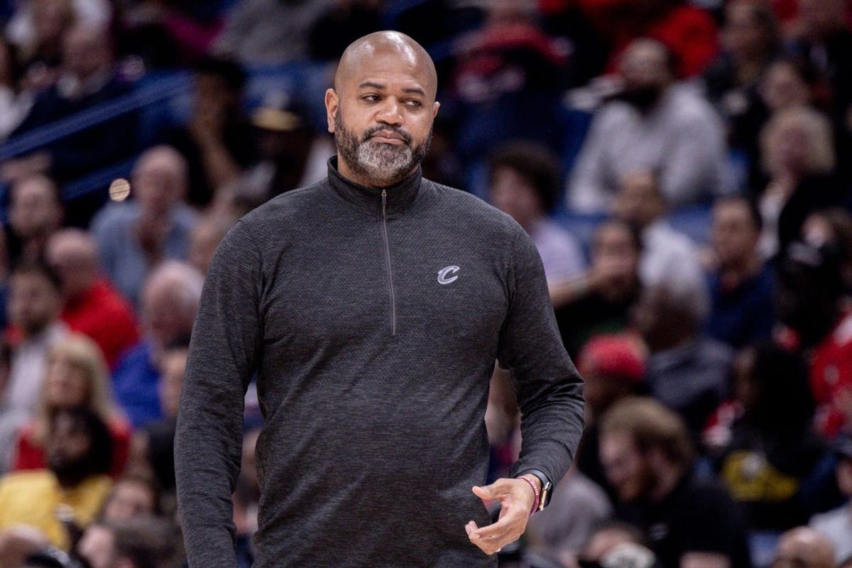 Mar 13, 2024; New Orleans, Louisiana, USA; Cleveland Cavaliers head coach JB Bickerstaff looks on against the New Orleans Pelicans on a time out during the first half at Smoothie King Center. Mandatory Credit: Stephen Lew-USA TODAY Sports
