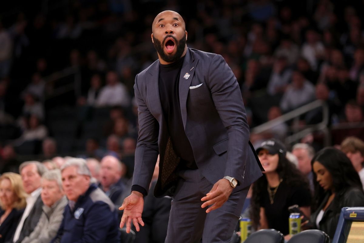 Mar 13, 2024; New York City, NY, USA; Villanova Wildcats head coach Kyle Neptune reacts during the first half against the DePaul Blue Demons at Madison Square Garden. Mandatory Credit: Brad Penner-Imagn Images