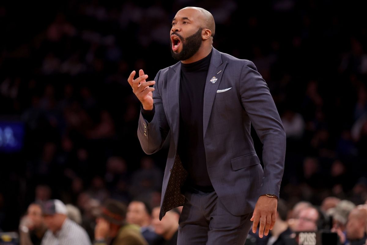Mar 13, 2024; New York City, NY, USA; Villanova Wildcats head coach Kyle Neptune coaches against the DePaul Blue Demons during the first half at Madison Square Garden. Mandatory Credit: Brad Penner-Imagn Images
