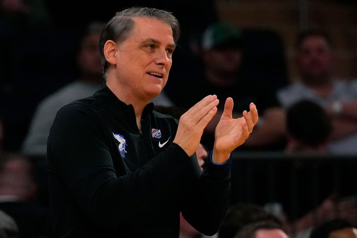 Mar 13, 2024; New York City, NY, USA;  DePaul Blue Demons head coach Matt Brady against Villanova during the first half at Madison Square Garden. Mandatory Credit: Robert Deutsch-Imagn Images
