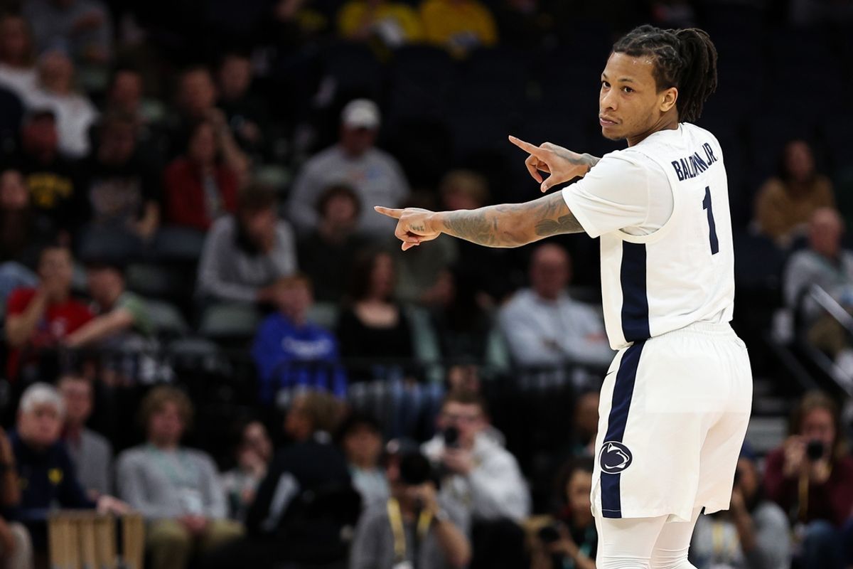 Mar 13, 2024; Minneapolis, MN, USA; Penn State Nittany Lions guard Ace Baldwin Jr. (1) celebrates his basket against the Michigan Wolverines during the second half at Target Center. Mandatory Credit: Matt Krohn-Imagn Images