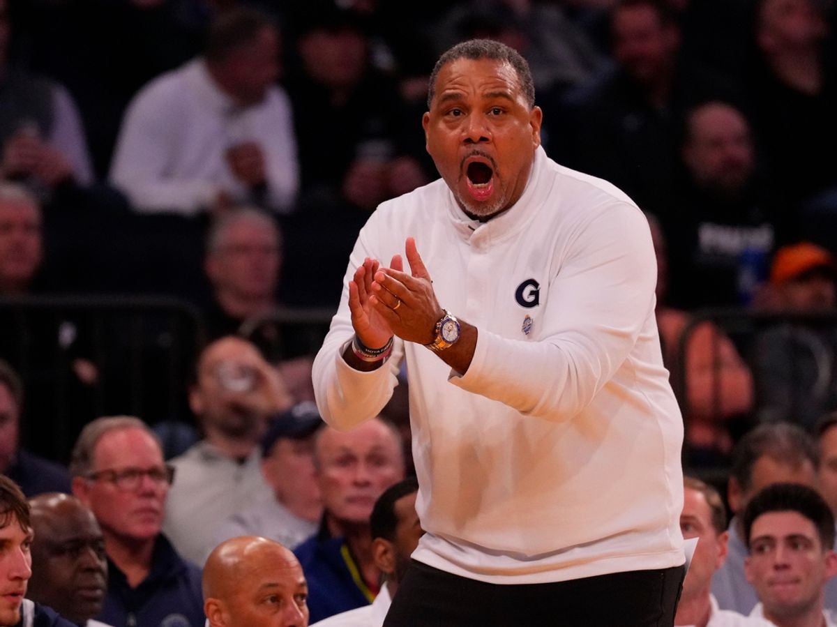 Mar 13, 2024; New York City, NY, USA;  Georgetown Hoyas head coach Ed Cooley against Providence during the first half at Madison Square Garden. Mandatory Credit: Robert Deutsch-Imagn Images